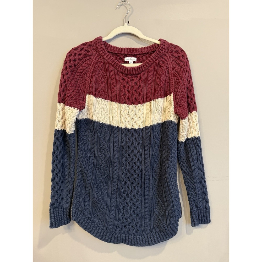 LL Bean Signature Fisherman Sweater Womens Large Colorblock Cable Knit Tunic 3D